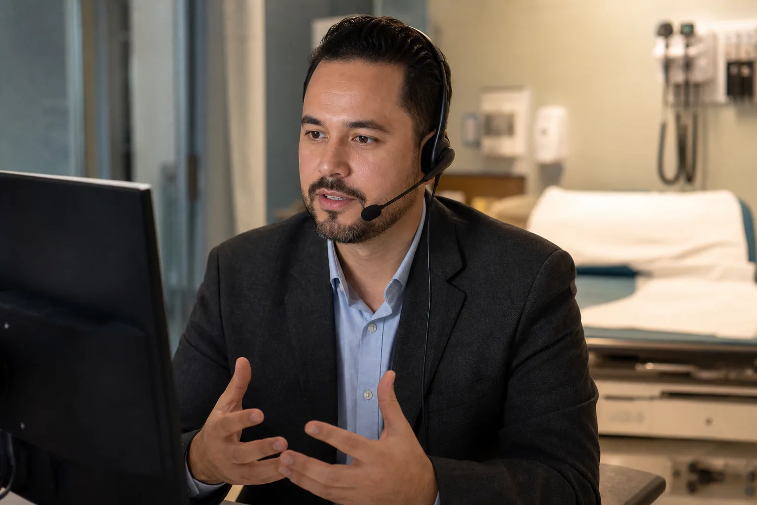 Professional interpreter providing video remote interpretation in a clinical setting